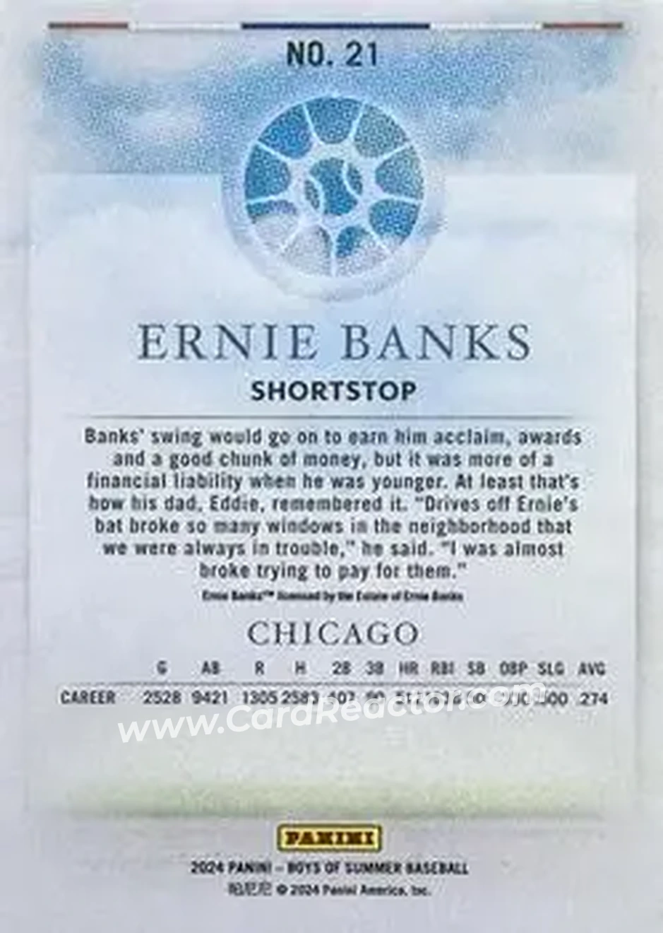 2024 Panini Boys of Summer #21 - Ernie Banks - Chicago Cubs - Back