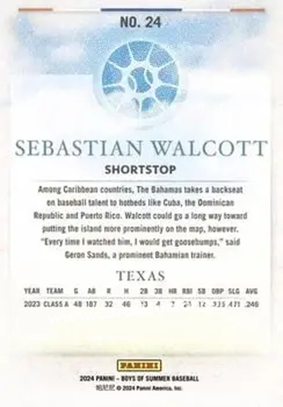 2024 Panini Boys of Summer #24 - Sebastian Walcott - Texas Rangers - Back 2024 Panini Boys of Summer #24 - Sebastian Walcott - Texas Rangers - Back