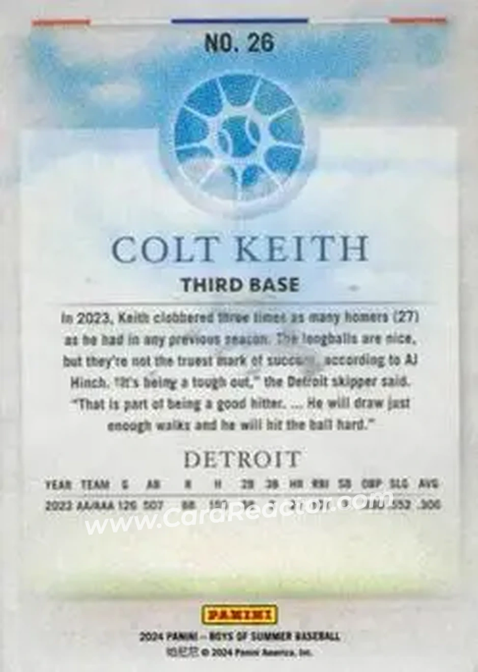 2024 Panini Boys of Summer #26 - Colt Keith - Detroit Tigers - Back 2024 Panini Boys of Summer #26 - Colt Keith - Detroit Tigers - Back