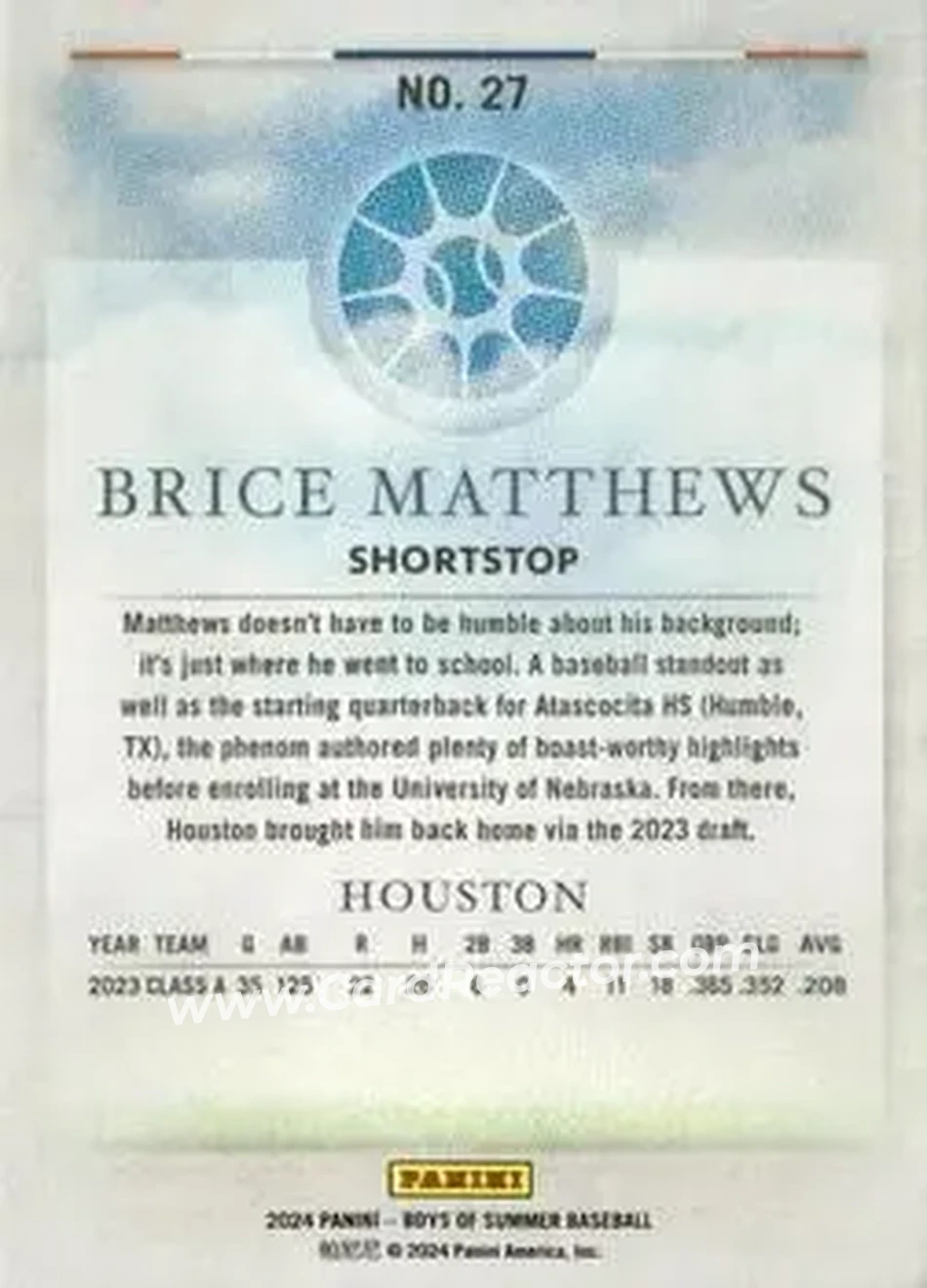 2024 Panini Boys of Summer #27 - Brice Matthews - Houston Astros - Back 2024 Panini Boys of Summer #27 - Brice Matthews - Houston Astros - Back