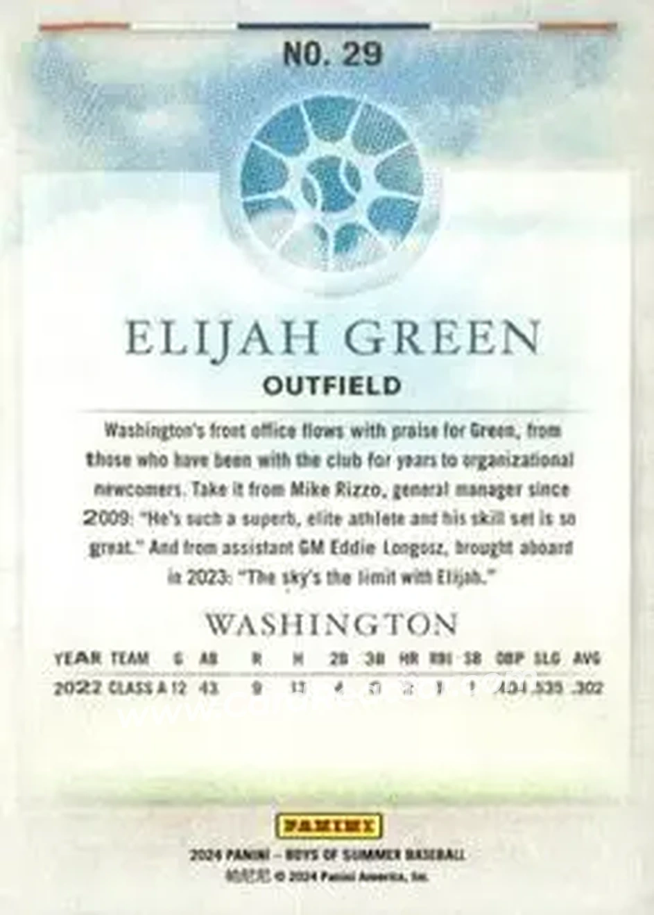 2024 Panini Boys of Summer #29 - Elijah Green - Washington Nationals - Back 2024 Panini Boys of Summer #29 - Elijah Green - Washington Nationals - Back