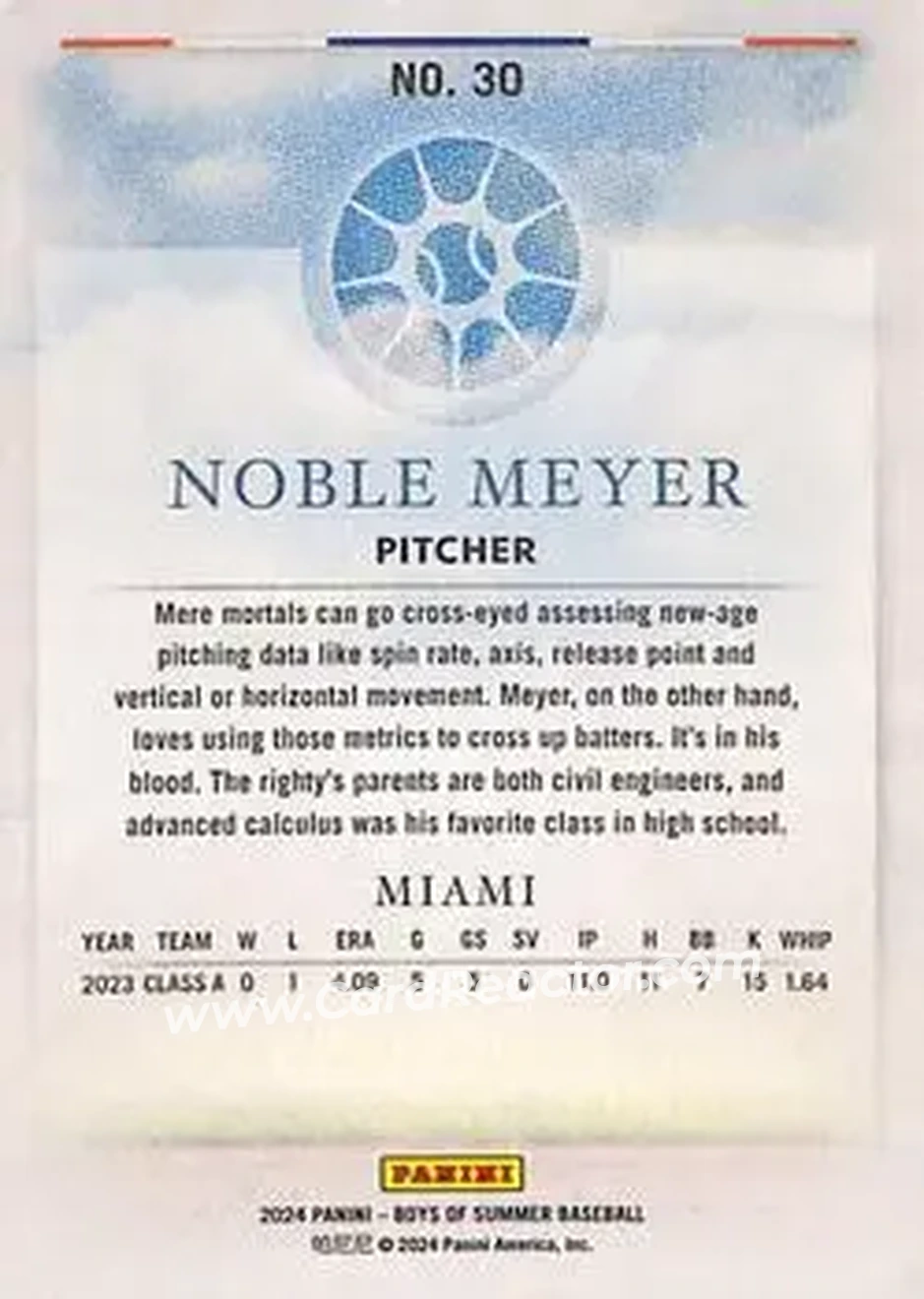 2024 Panini Boys of Summer #30 - Noble Meyer - Miami Marlins - Back 2024 Panini Boys of Summer #30 - Noble Meyer - Miami Marlins - Back