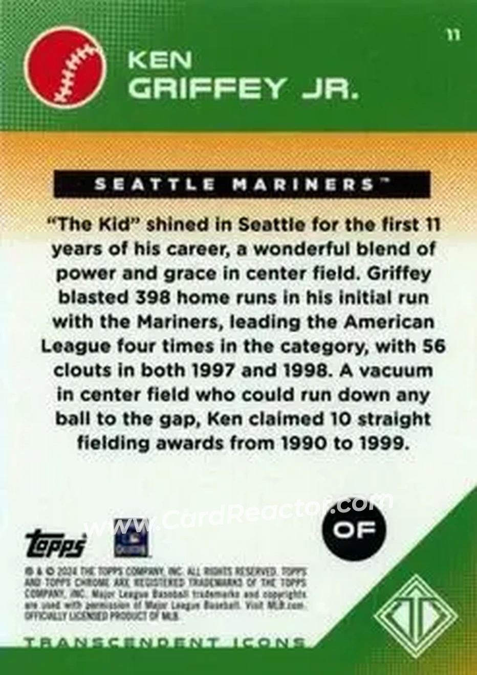 2024 Topps Transcendent Collection #11 - Ken Griffey Jr. - Seattle Mariners - Back