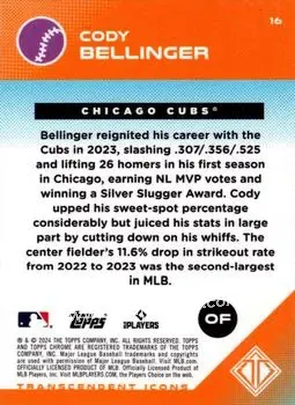 2024 Topps Transcendent Collection #16 - Cody Bellinger - Chicago Cubs - Back