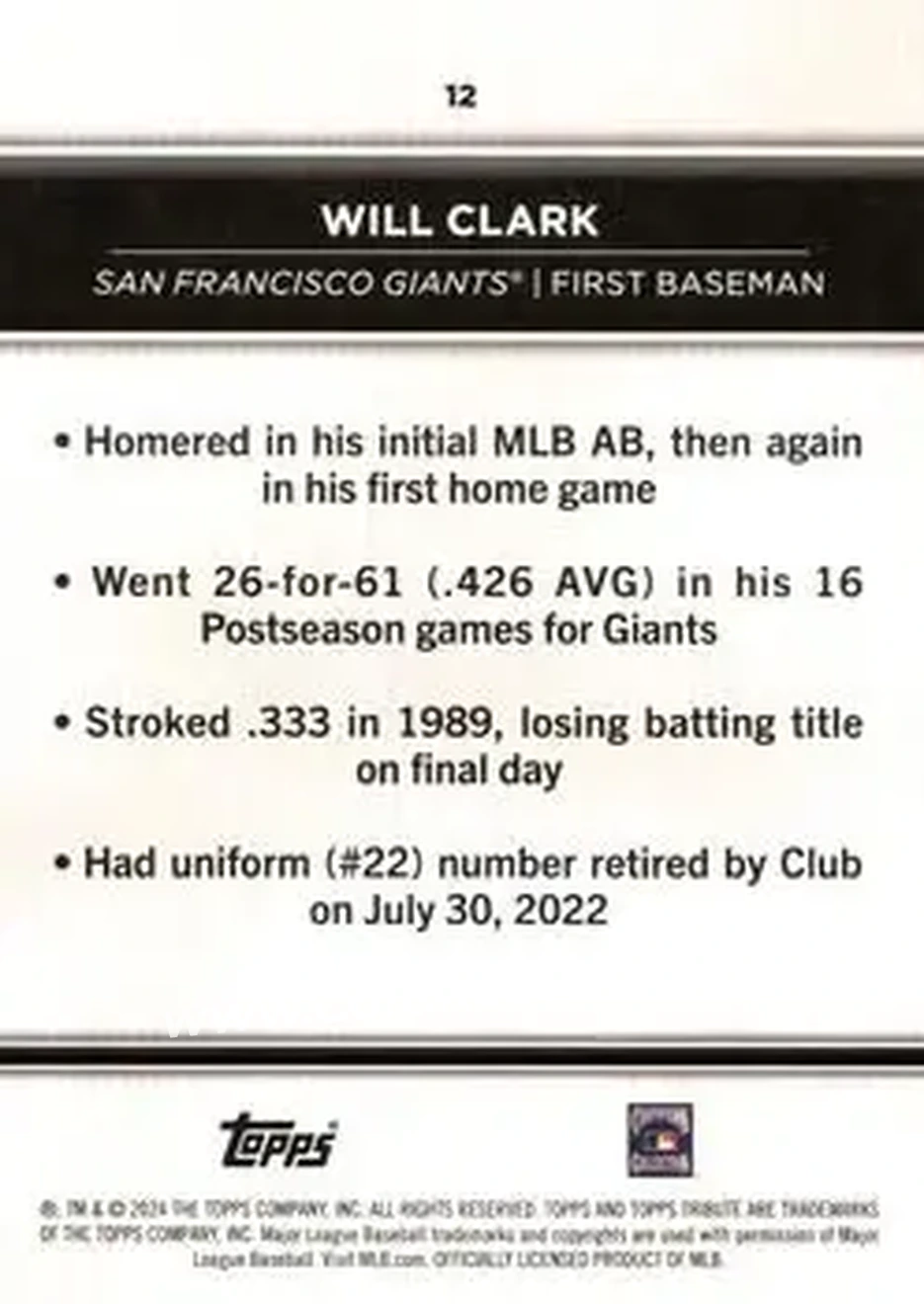 2024 Topps Tribute #12 - Will Clark - San Francisco Giants - Back