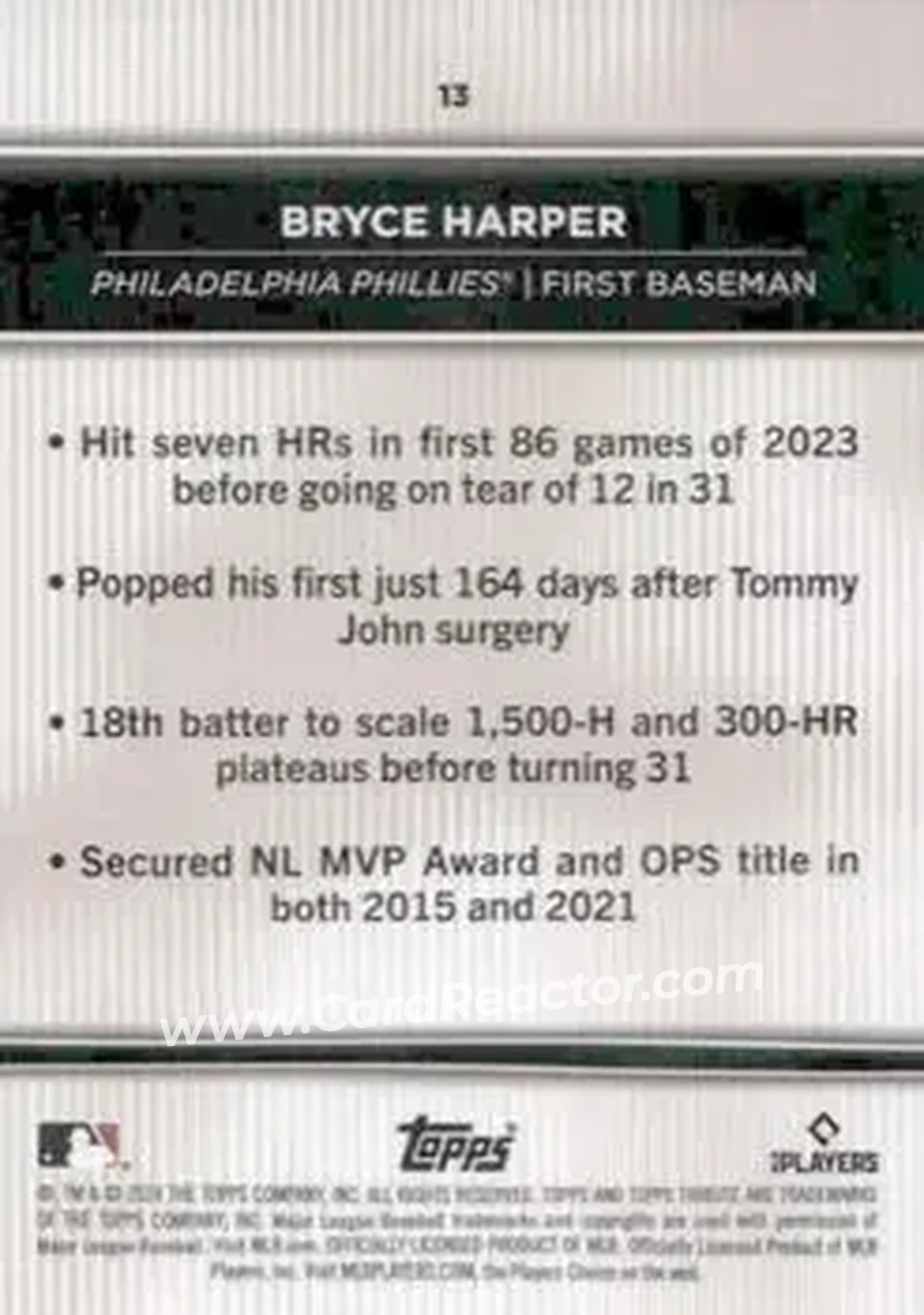 2024 Topps Tribute #13 - Bryce Harper - Philadelphia Phillies - Back