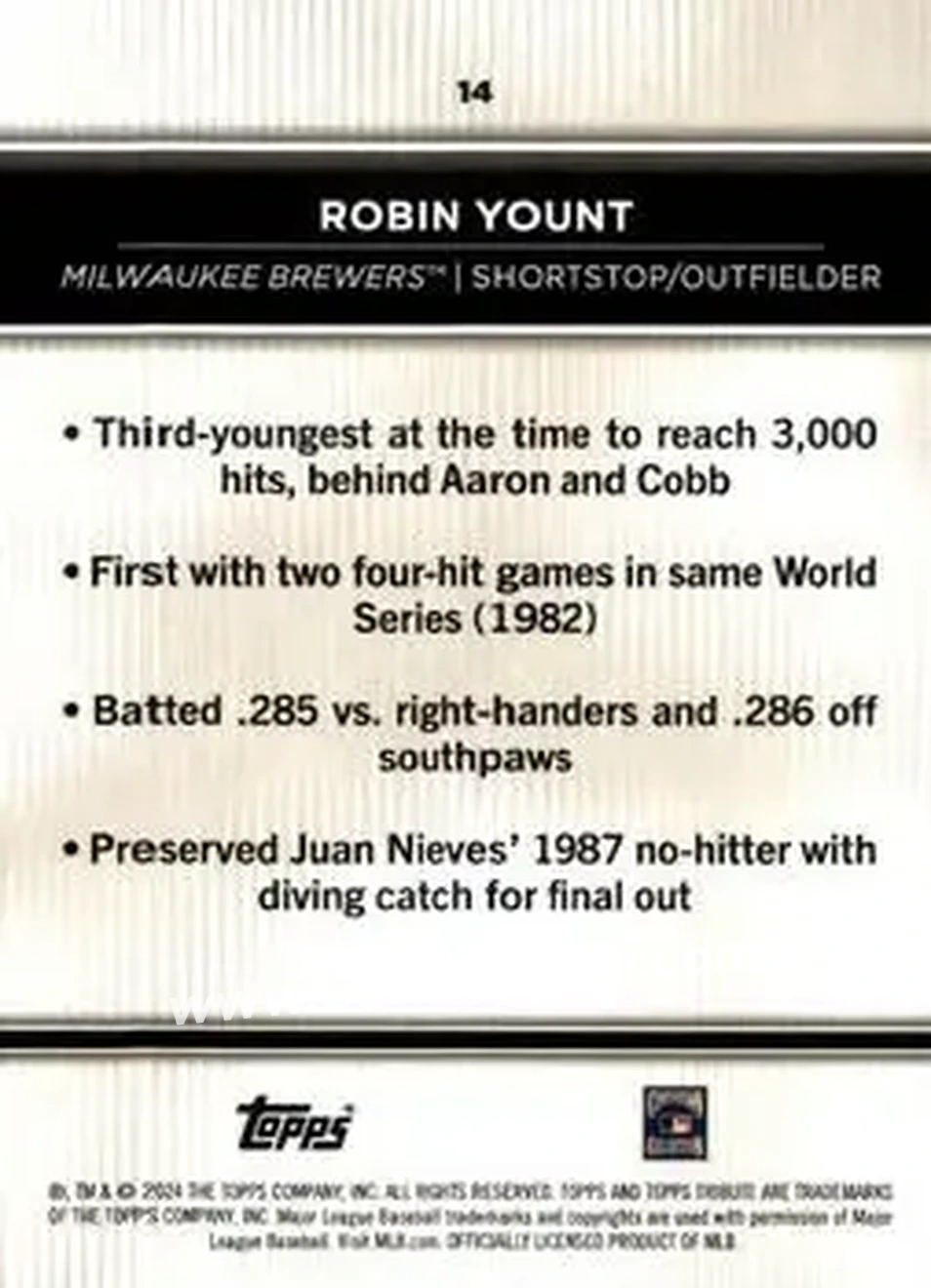 2024 Topps Tribute #14 - Robin Yount - Milwaukee Brewers - Back