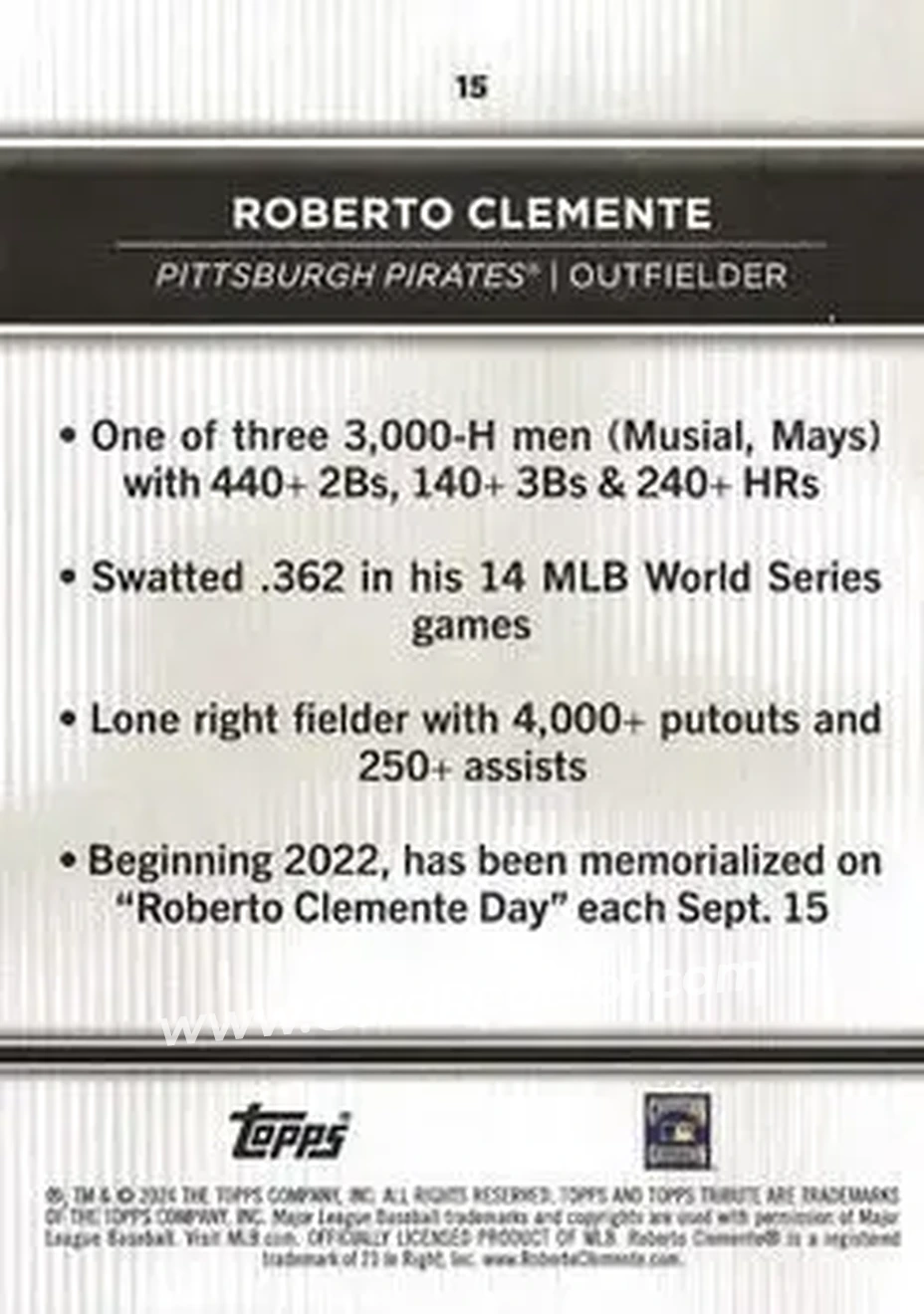 2024 Topps Tribute #15 - Bob Clemente - Pittsburgh Pirates - Back 2024 Topps Tribute #15 - Bob Clemente - Pittsburgh Pirates - Back