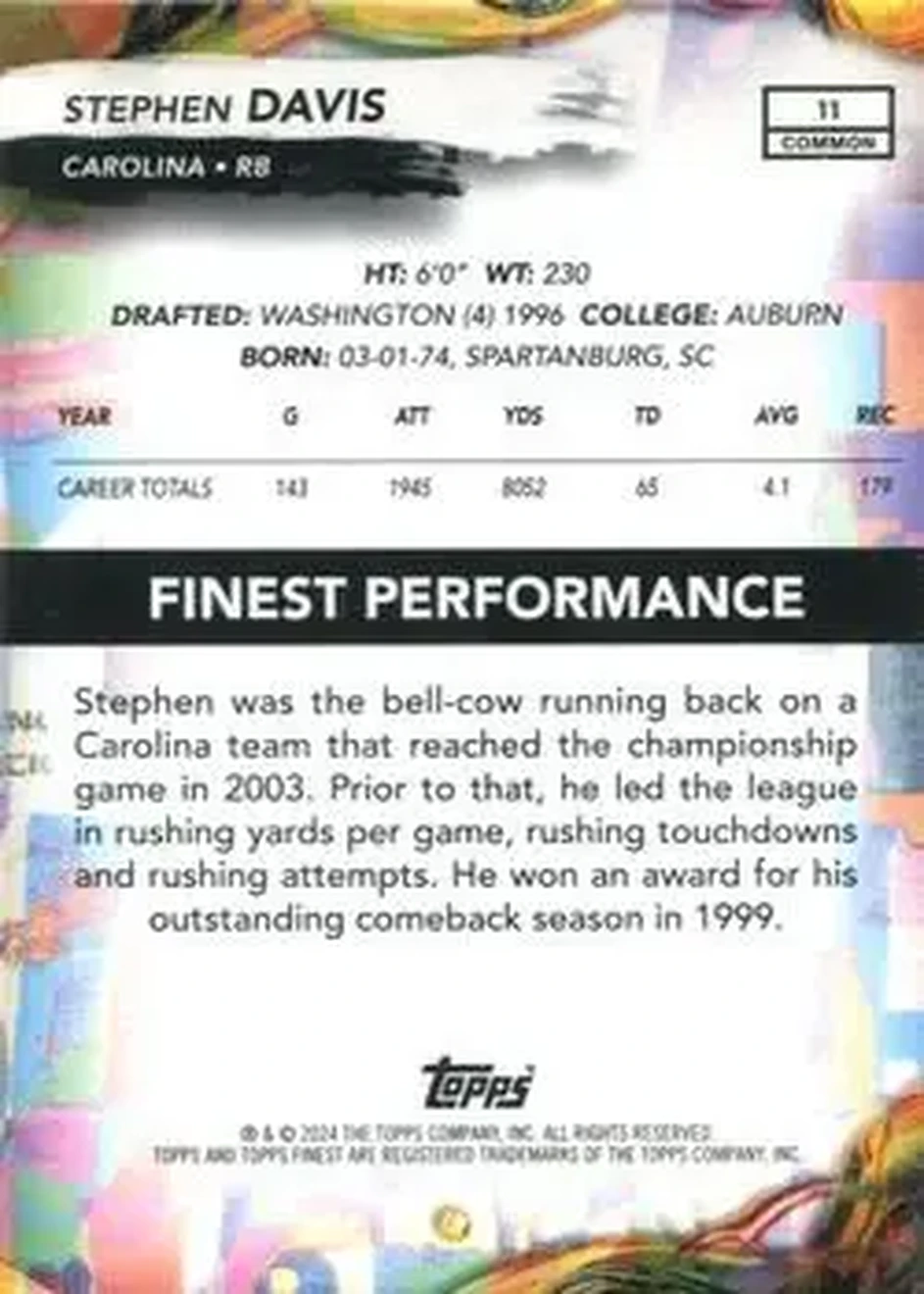 2024 Finest #11 - Stephen Davis - Carolina Panthers - Back 2024 Finest #11 - Stephen Davis - Carolina Panthers - Back