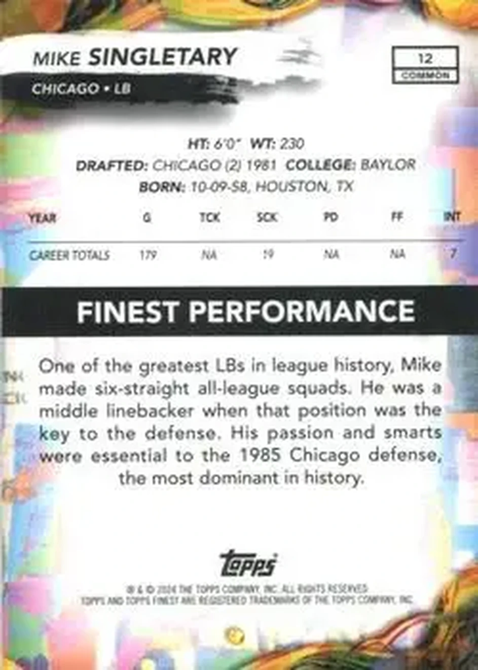 2024 Finest #12 - Mike Singletary - Chicago Bears - Back