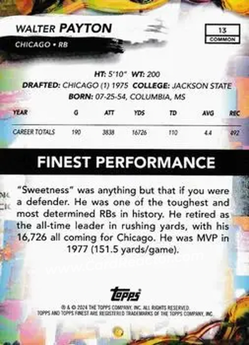 2024 Finest #13 - Walter Payton - Chicago Bears - Back