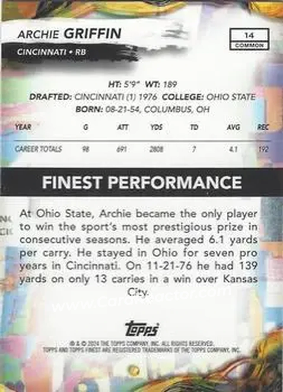 2024 Finest #14 - Archie Griffin - Cincinnati Bengals - Back