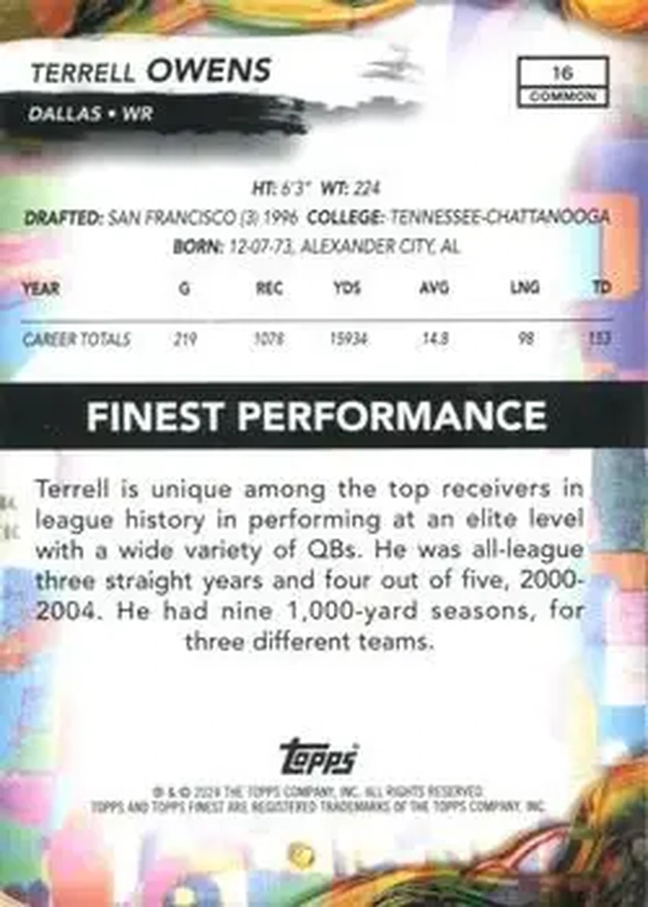 2024 Finest #16 - Terrell Owens - Dallas Cowboys - Back