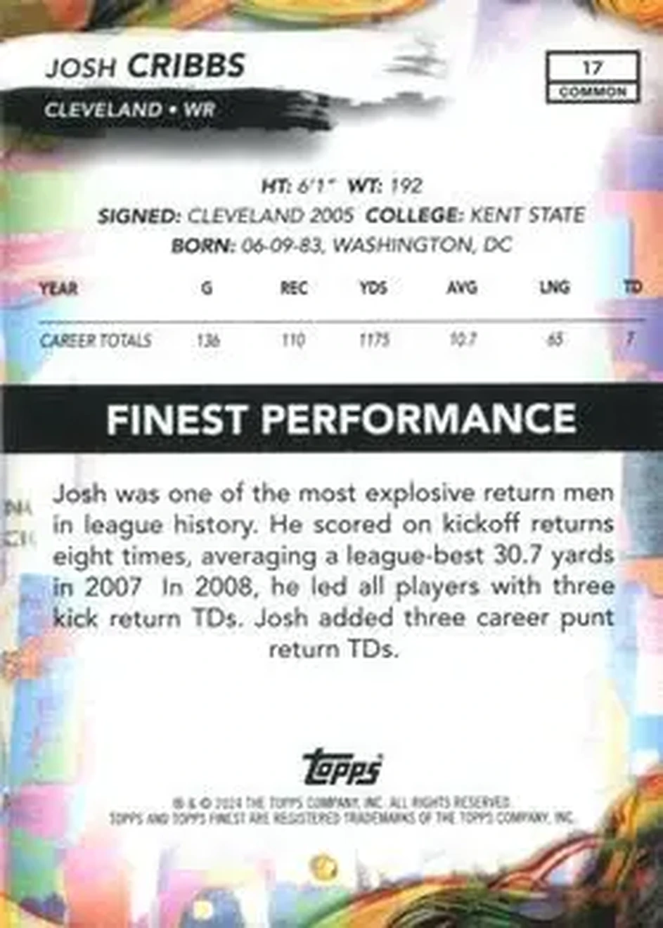 2024 Finest #17 - Josh Cribbs - Cleveland Browns - Back