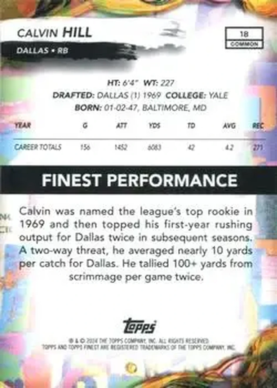 2024 Finest #18 - Calvin Hill - Dallas Cowboys - Back