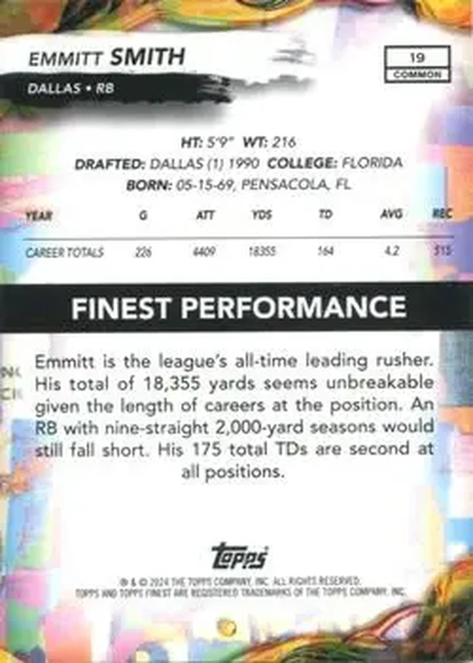 2024 Finest #19 - Emmitt Smith - Dallas Cowboys - Back