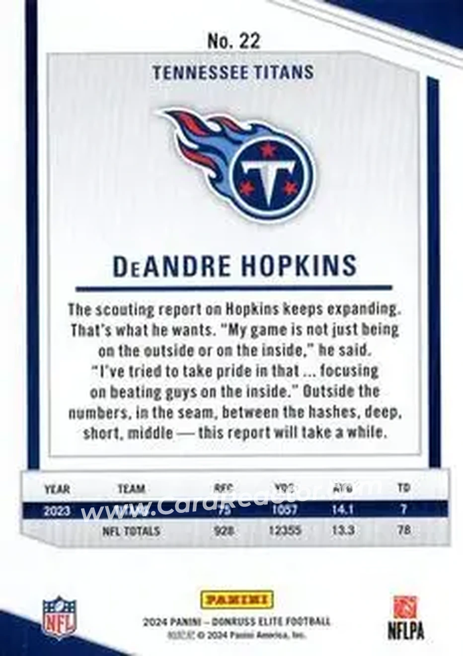 2024 Donruss Elite #22 - DeAndre Hopkins - Tennessee Titans - Back