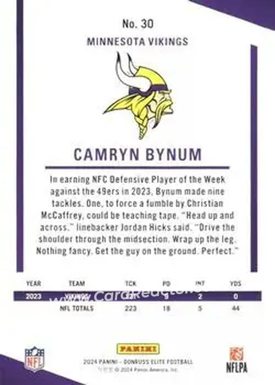 2024 Donruss Elite #30 - Camryn Bynum - Minnesota Vikings - Back