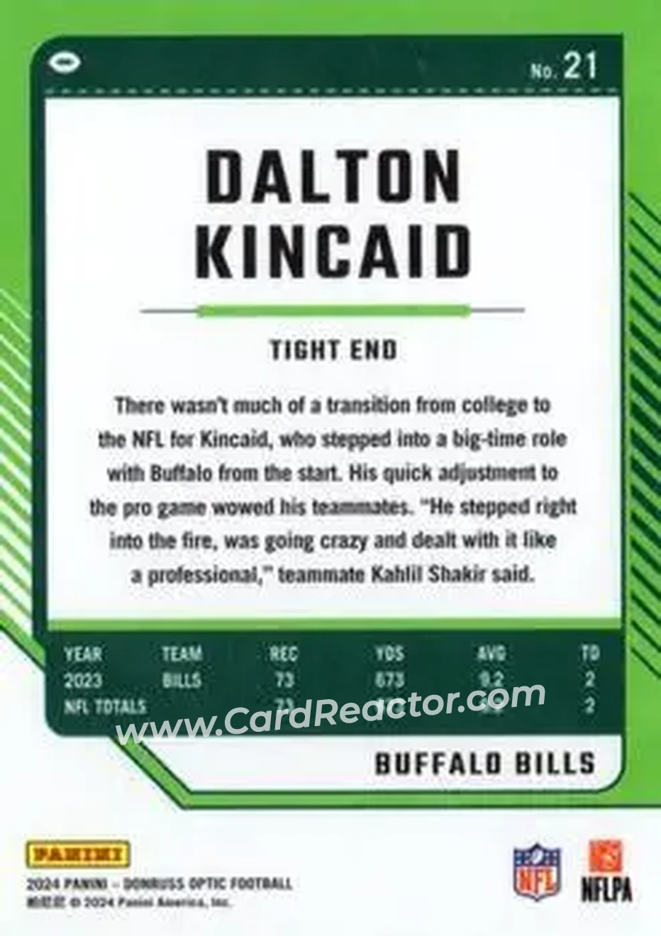 2024 Donruss Optic #21 - Dalton Kincaid - Buffalo Bills - Back