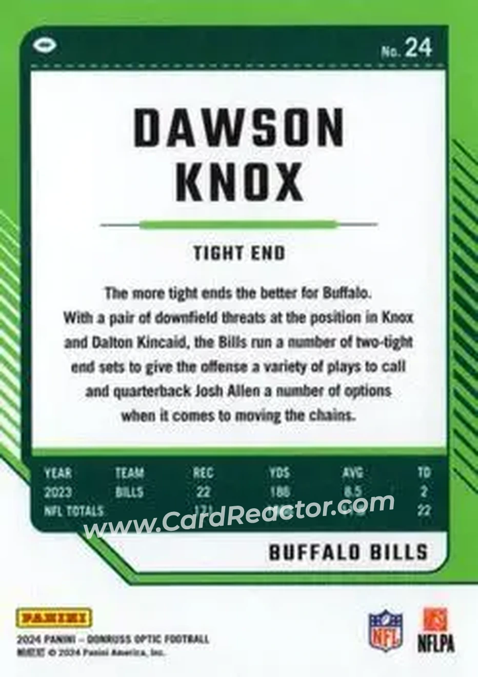 2024 Donruss Optic #24 - Dawson Knox - Buffalo Bills - Back