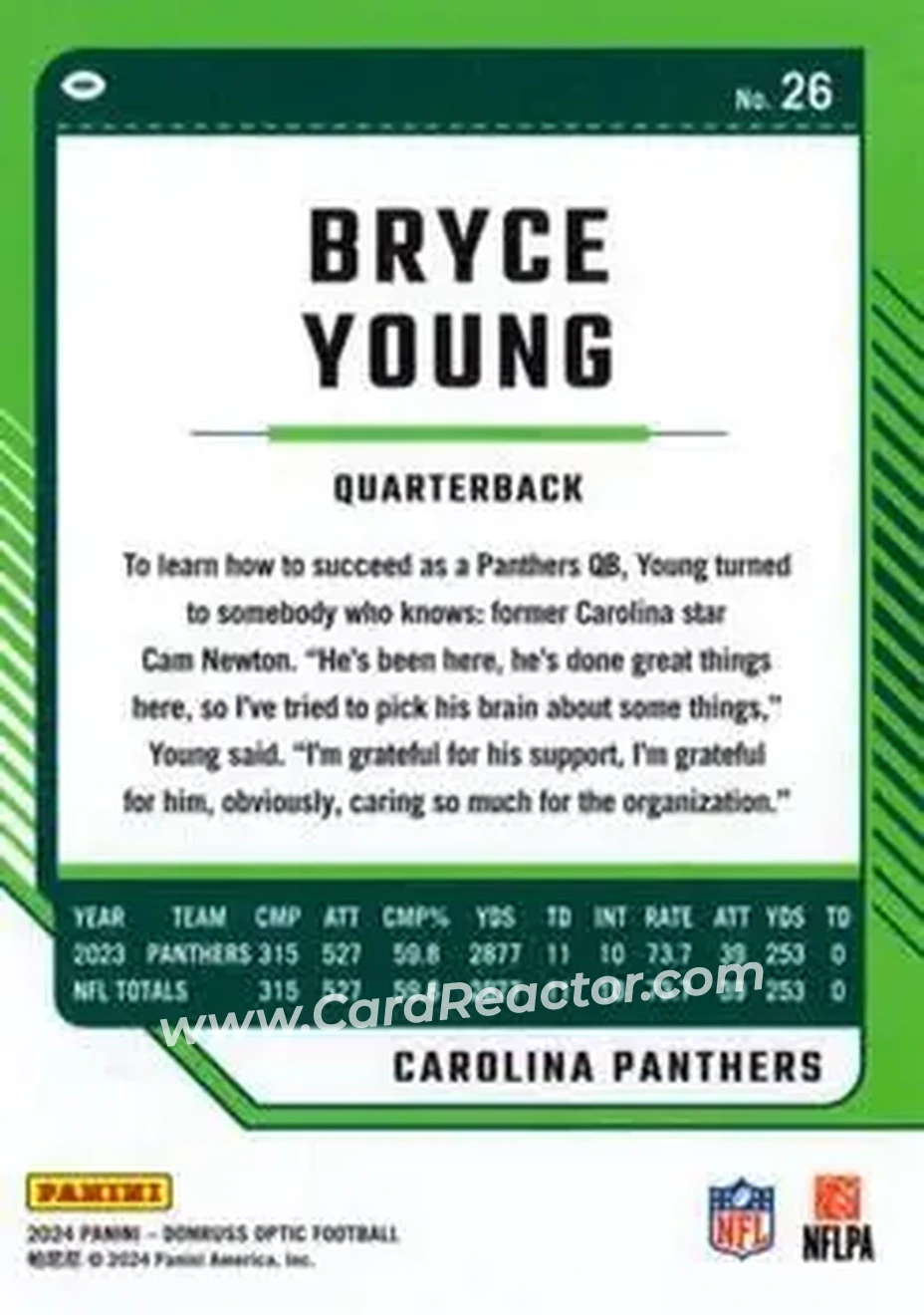 2024 Donruss Optic #26 - Bryce Young - Carolina Panthers - Back