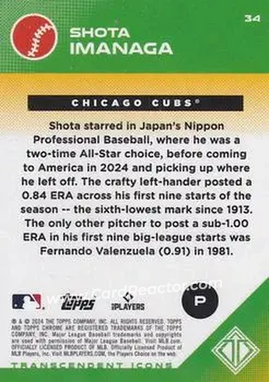 2024 Topps Transcendent Collection #34 - Shota Imanaga - Chicago Cubs - Back