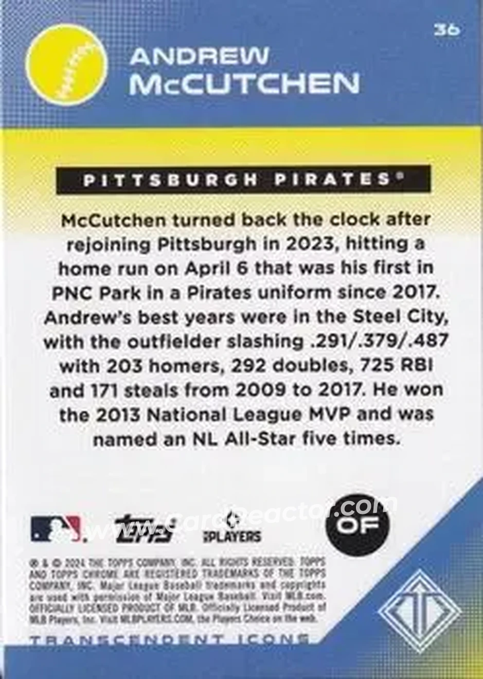 2024 Topps Transcendent Collection #36 - Andrew McCutchen - Pittsburgh Pirates - Back