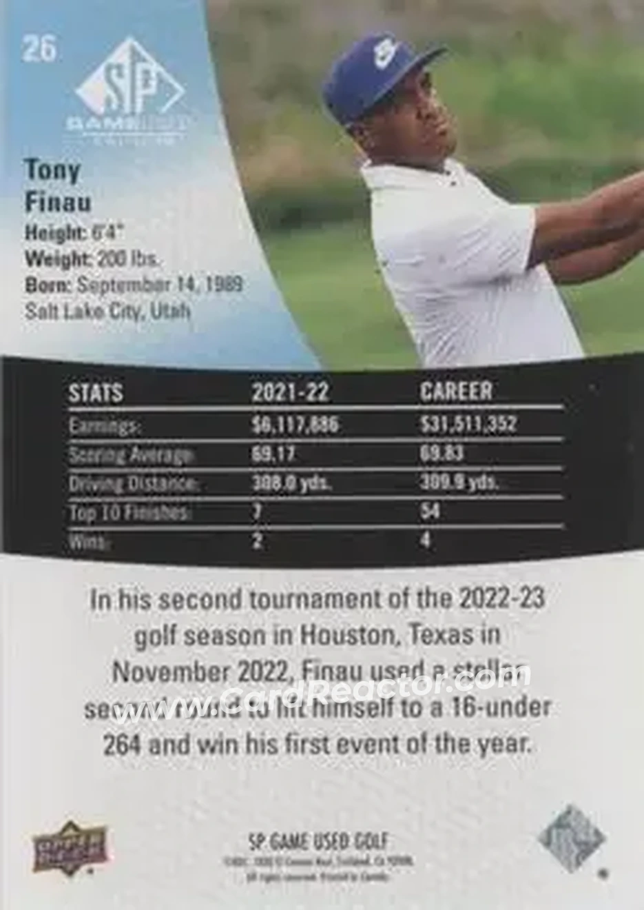 2024 SP Game Used #26 - Tony Finau - Back