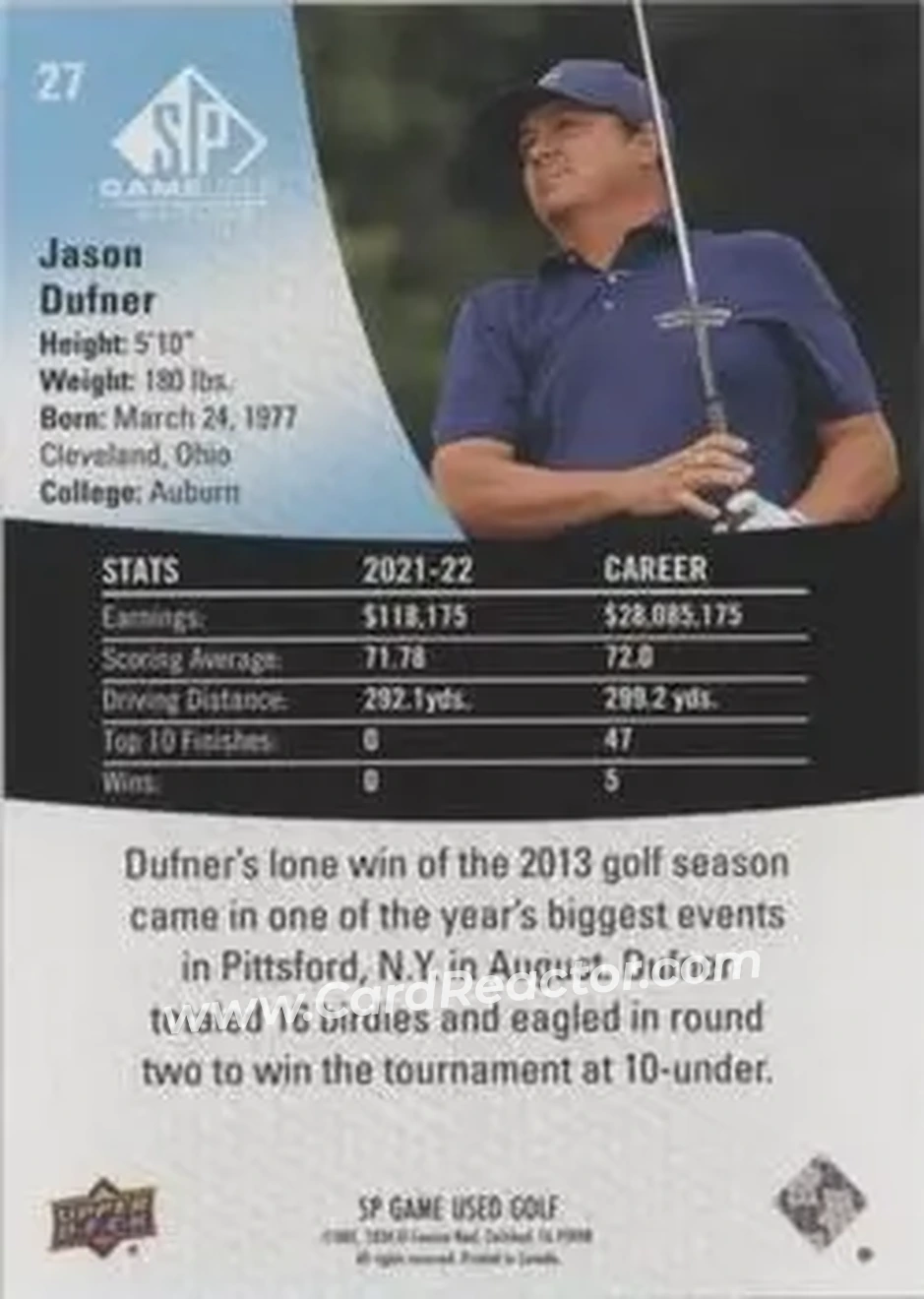 2024 SP Game Used #27 - Jason Dufner - Back