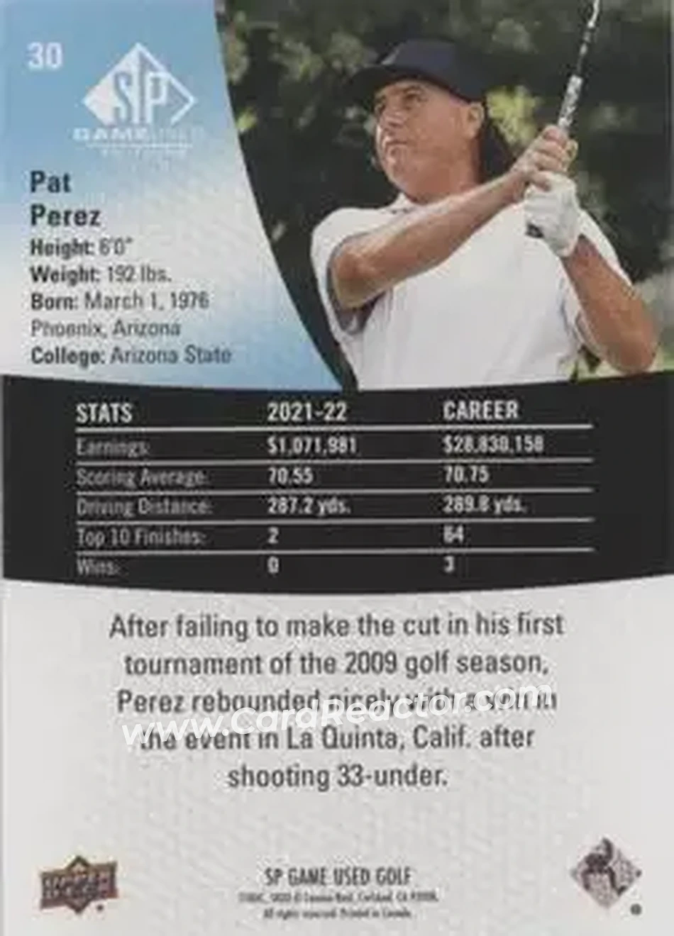 2024 SP Game Used #30 - Pat Perez - Back
