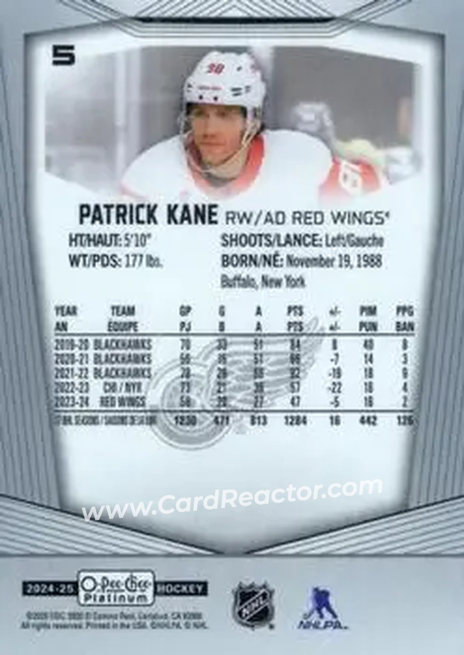 2024-25 O-Pee-Chee Platinum #5 - Patrick Kane - Detroit Red Wings - Back