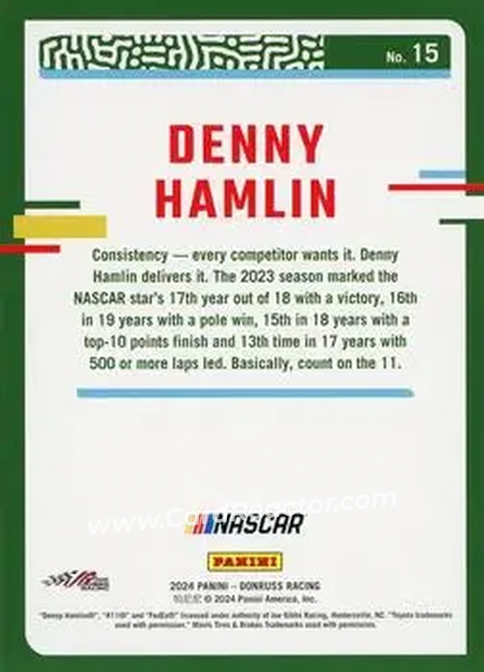 2024 Donruss #15 - Denny Hamlin - Joe Gibbs Racing - Back