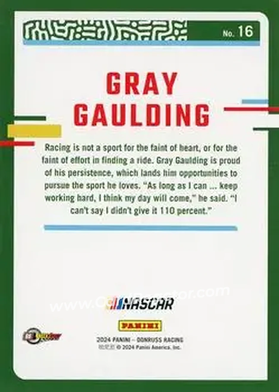 2024 Donruss #16 - Gray Gaulding - SS Green Light Racing - Back