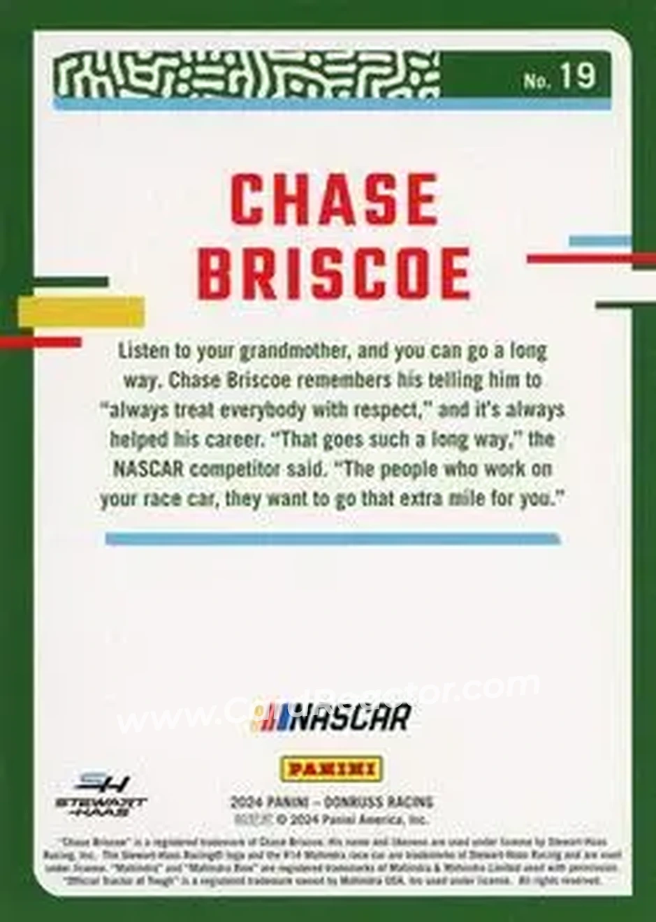 2024 Donruss #19 - Chase Briscoe - Stewart-Haas Racing - Back