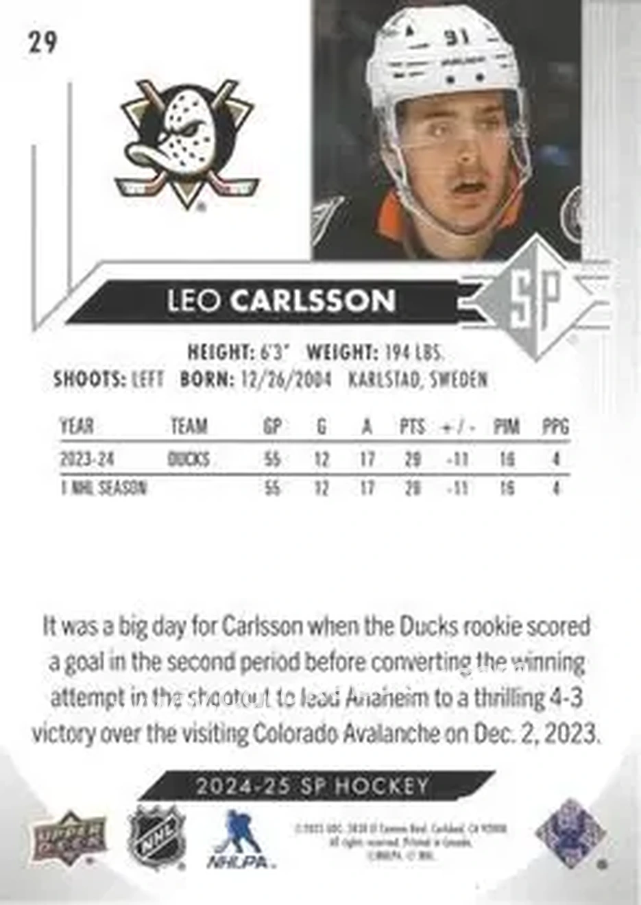 2024-25 SP #29 - Leo Carlsson - Anaheim Ducks - Back