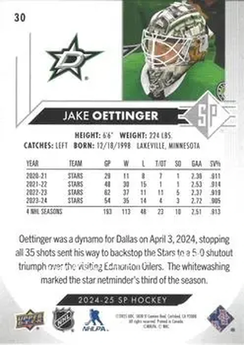 2024-25 SP #30 - Jake Oettinger - Dallas Stars - Back