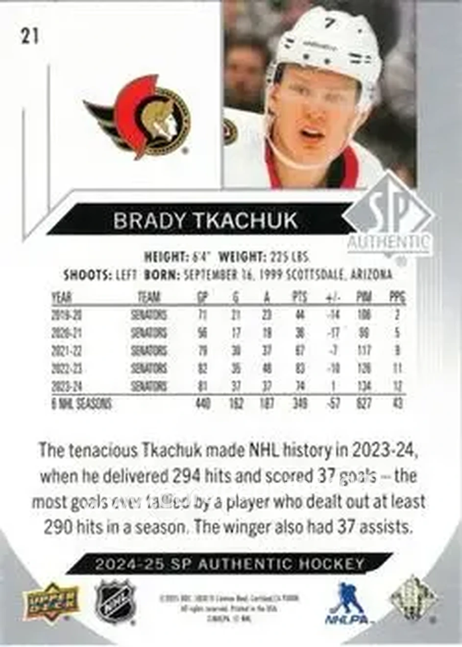 2024-25 SP Authentic #21 - Brady Tkachuk - Ottawa Senators - Back