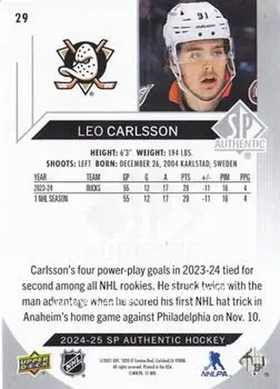 2024-25 SP Authentic #29 - Leo Carlsson - Anaheim Ducks - Back
