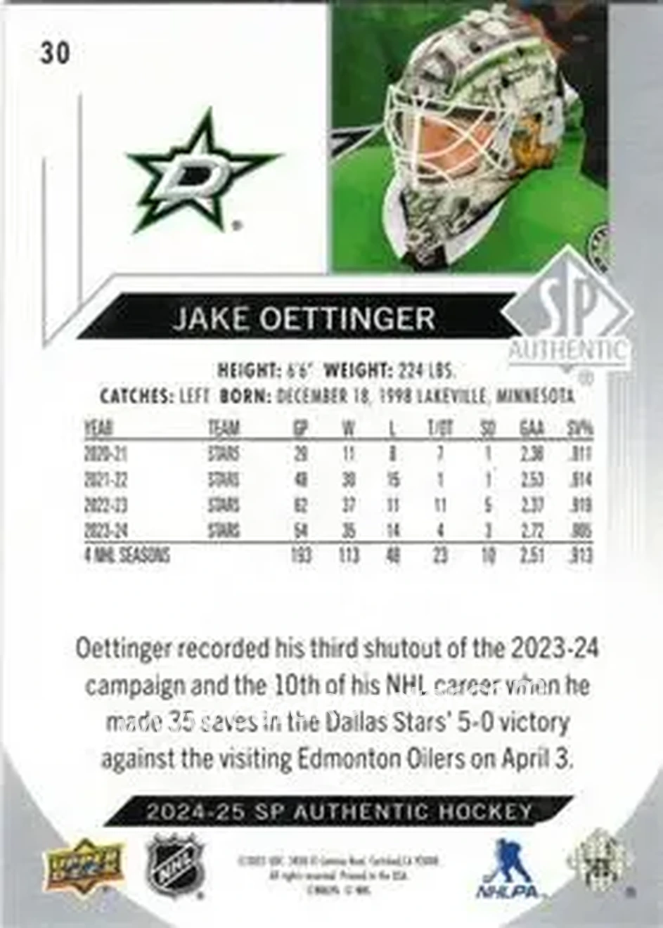 2024-25 SP Authentic #30 - Jake Oettinger - Dallas Stars - Back