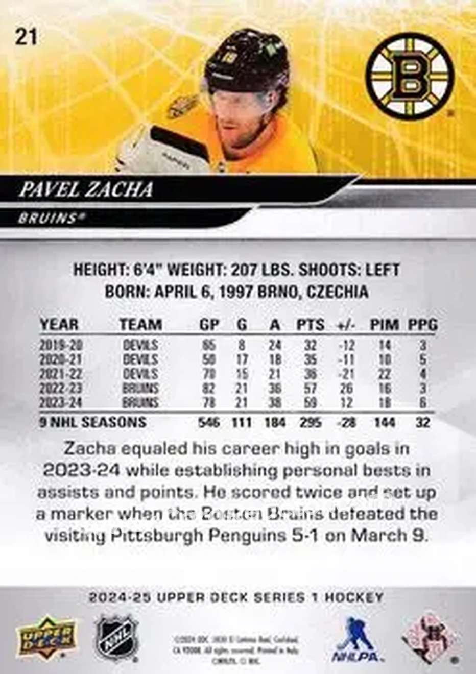 2024-25 Upper Deck #21 - Pavel Zacha - Boston Bruins - Back