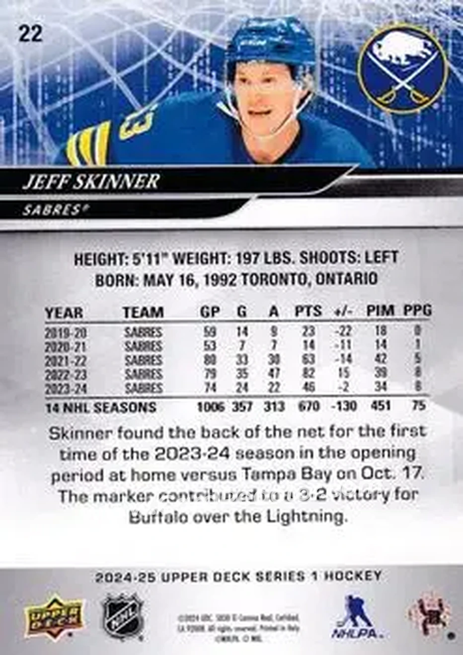 2024-25 Upper Deck #22 - Jeff Skinner - Buffalo Sabres - Back