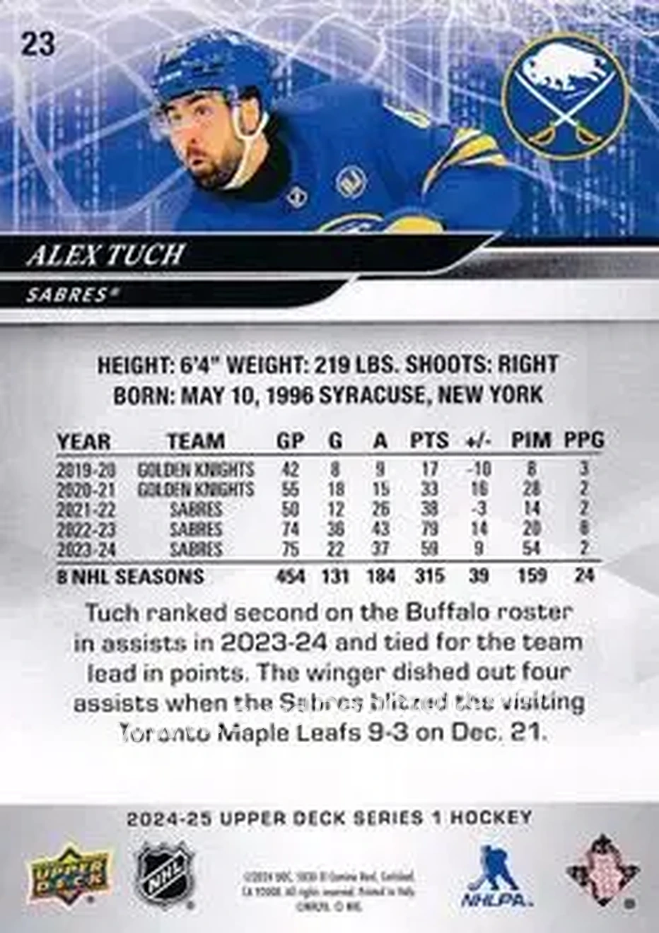 2024-25 Upper Deck #23 - Alex Tuch - Buffalo Sabres - Back