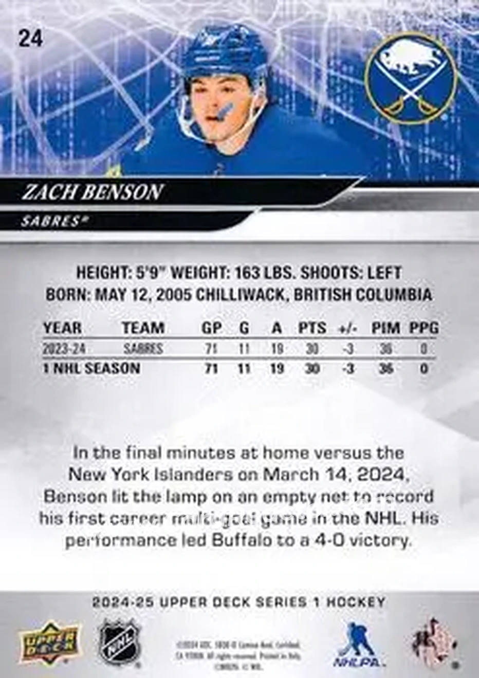 2024-25 Upper Deck #24 - Zach Benson - Buffalo Sabres - Back