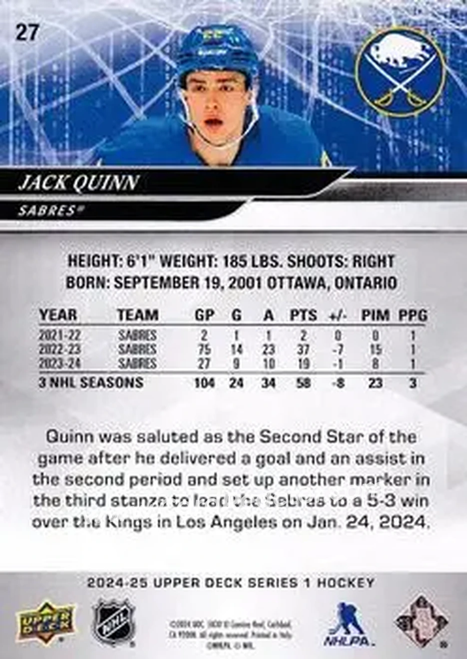 2024-25 Upper Deck #27 - Jack Quinn - Buffalo Sabres - Back