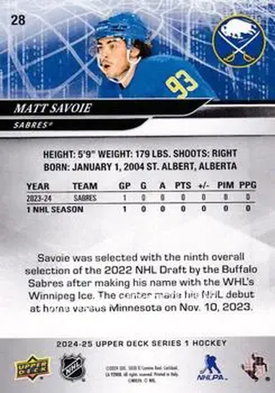 2024-25 Upper Deck #28 - Matt Savoie - Buffalo Sabres - Back
