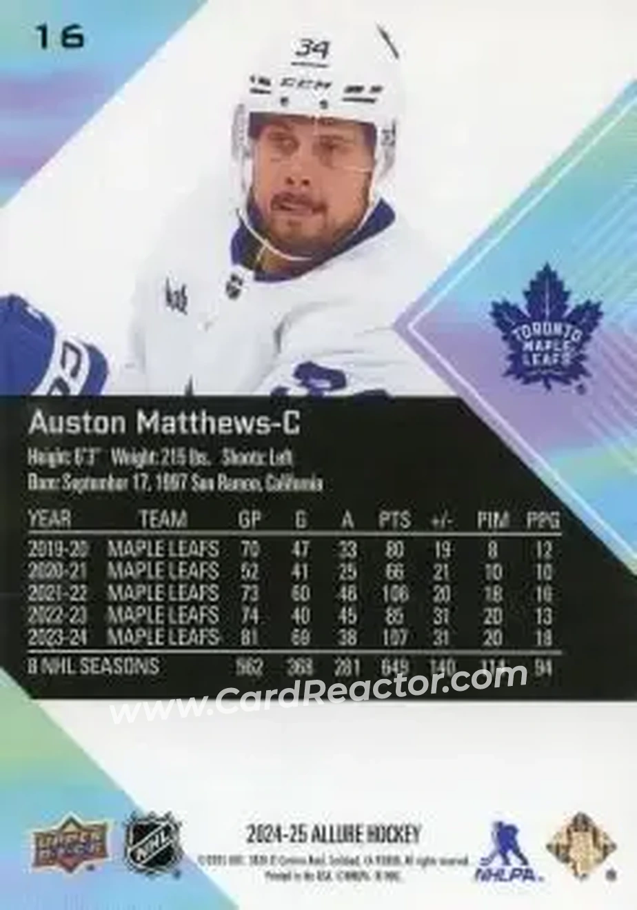 2024-25 Upper Deck Allure #16 - Auston Matthews - Toronto Maple Leafs - Back