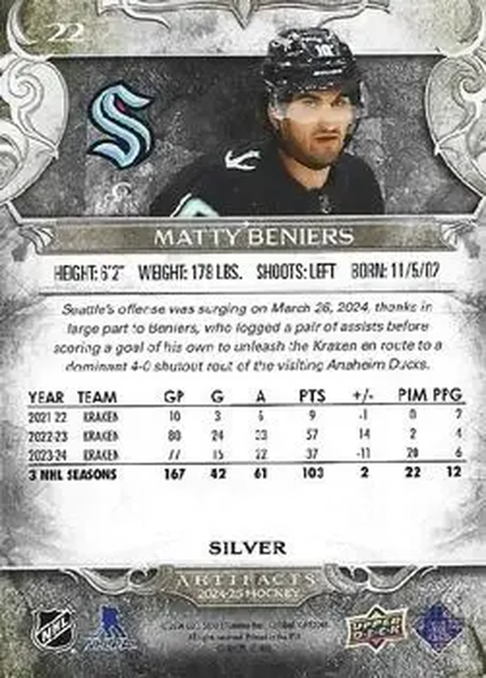 2024-25 Upper Deck Artifacts #22 - Matty Beniers - Seattle Kraken - Back