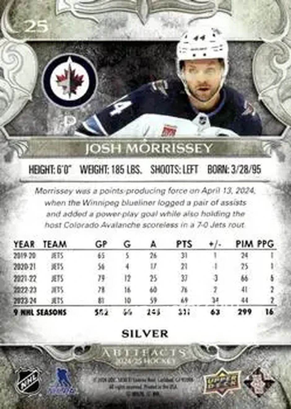 2024-25 Upper Deck Artifacts #25 - Josh Morrissey - Winnipeg Jets - Back