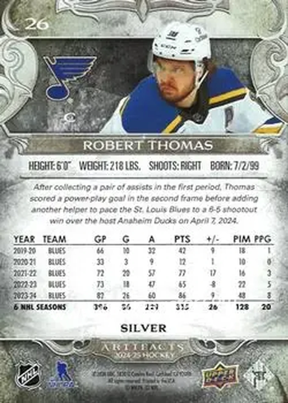 2024-25 Upper Deck Artifacts #26 - Robert Thomas - St. Louis Blues - Back