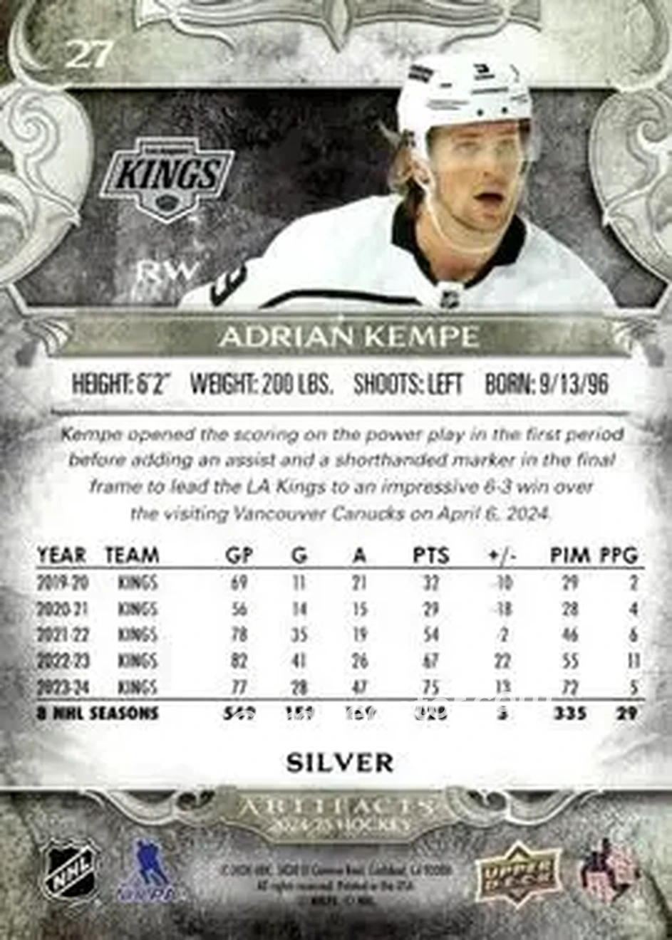 2024-25 Upper Deck Artifacts #27 - Adrian Kempe - Los Angeles Kings - Back